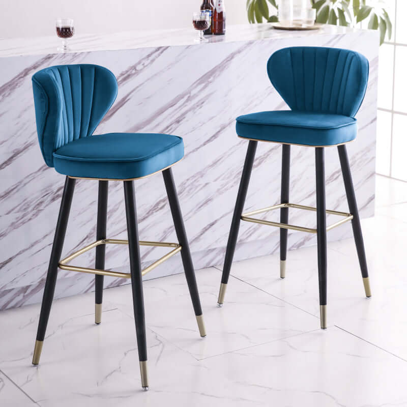 Modern Blue Velvet Counter Height Bar Stools with Back - Set of 3 for Kitchen Island, Breakfast Nook & Home Bar Decor