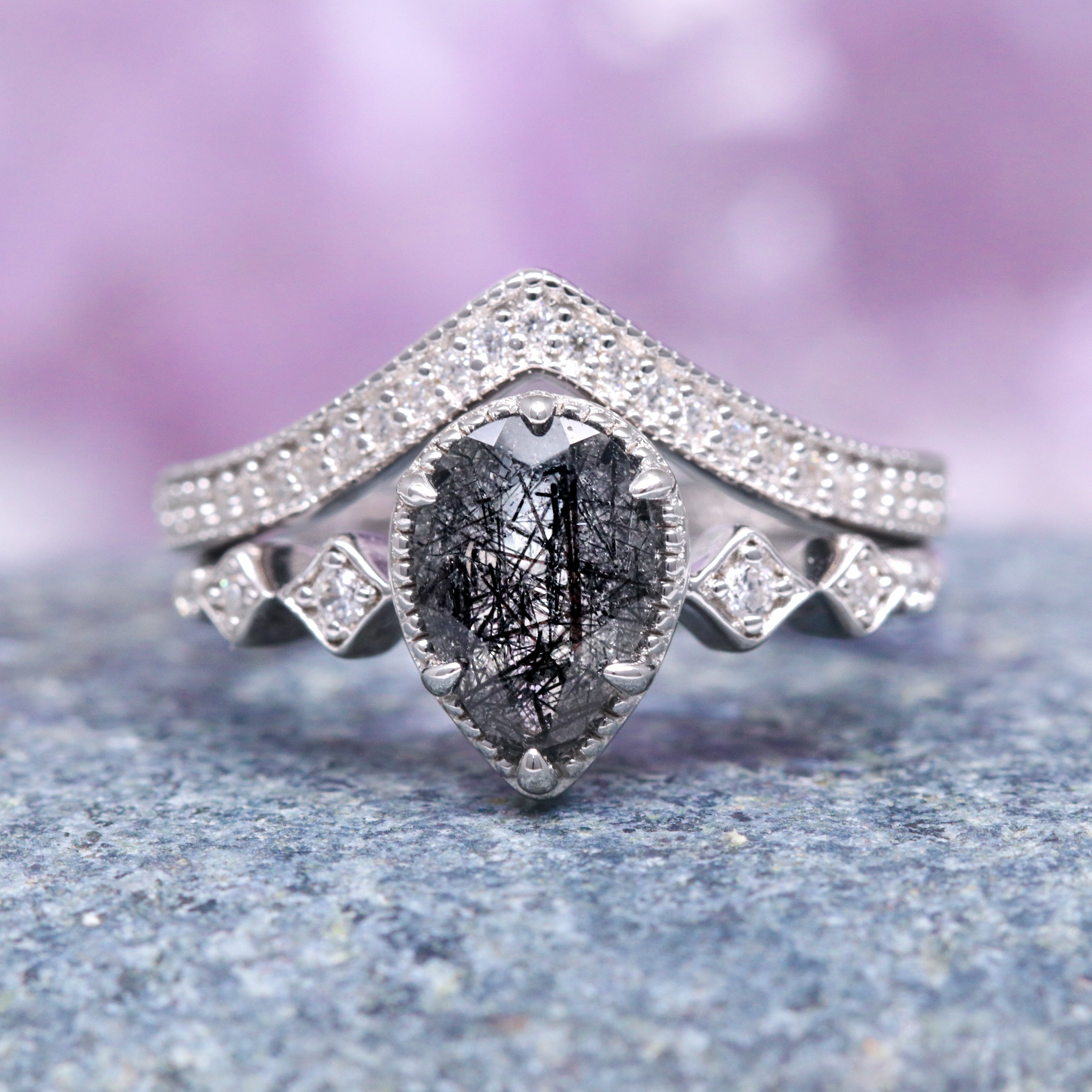14K White Gold Teardrop Rutilated Quartz Engagement Ring Set - Elegant Wedding Jewelry for Brides & Proposals