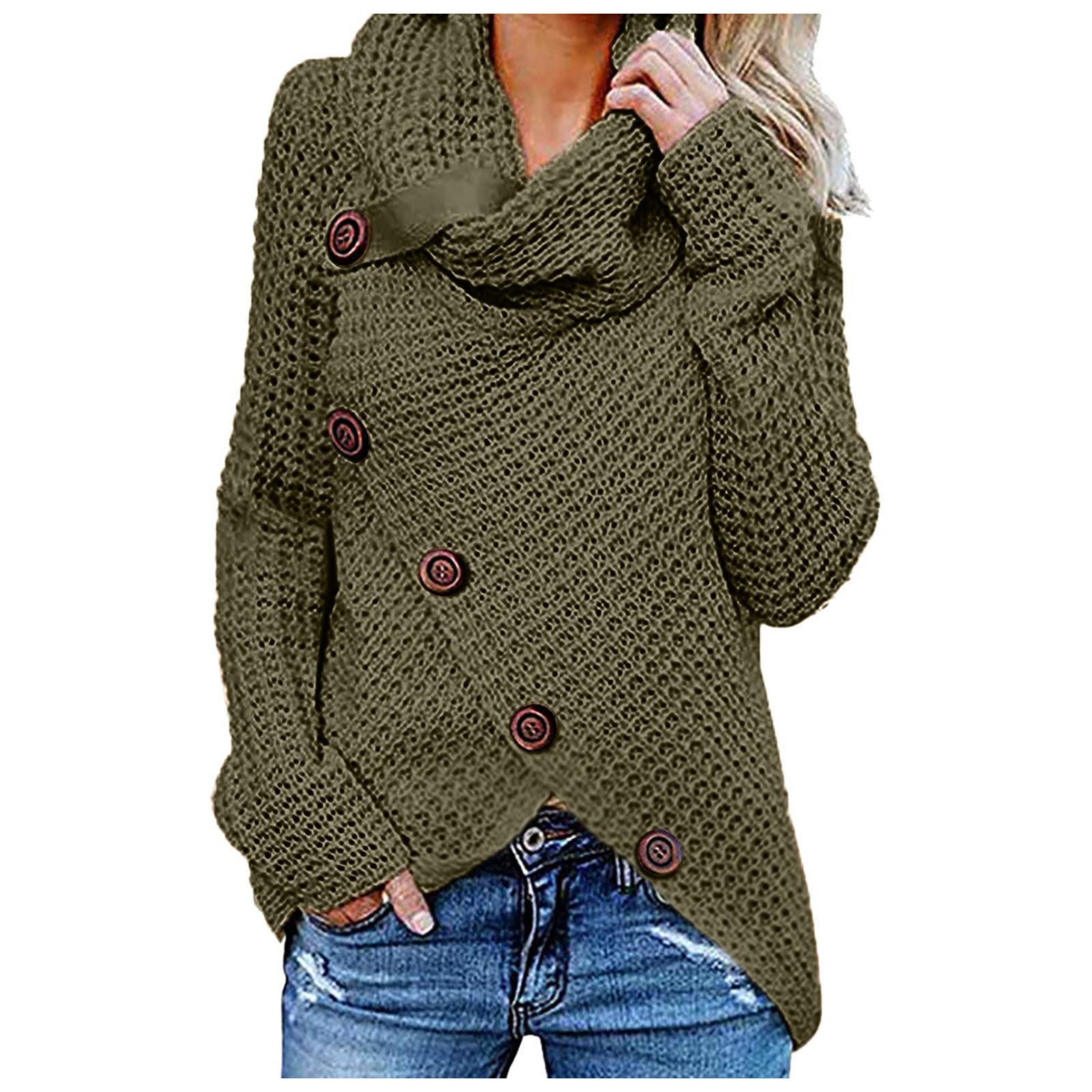 EKOUSN Women's Long Sleeve Button Down Knit Sweater - Cozy Winter Pullover with Asymmetrical Hem for Casual Outfits & Office Wear