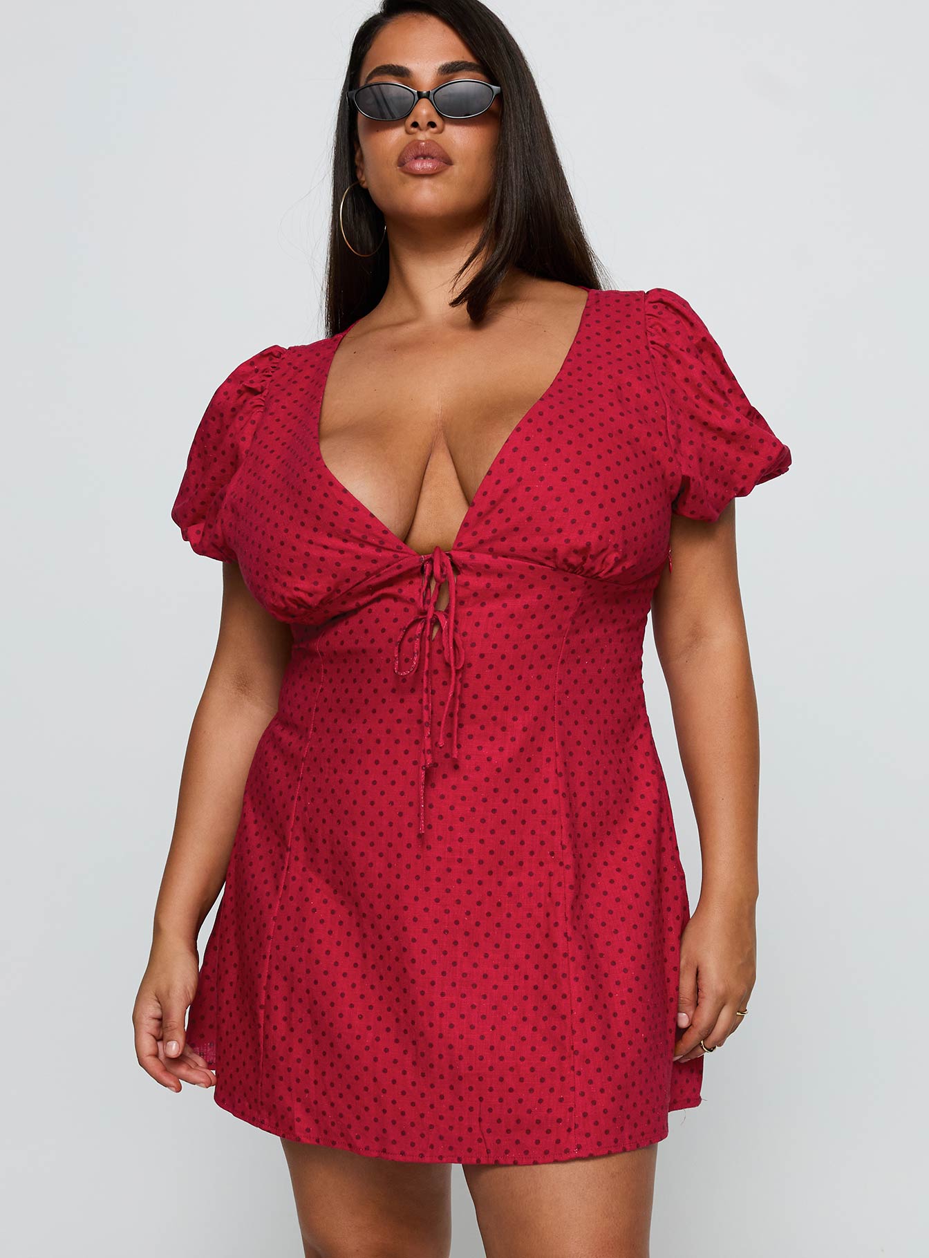 Stylish Red Polka Dot Puff Sleeve Linen Blend Mini Dress for Women - Perfect for Summer Parties, Date Nights & Beach Vacations
