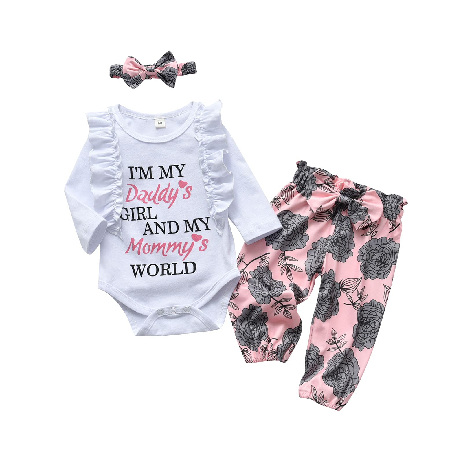 Newborn Baby Girl Outfit Set - Long Sleeve Ruffle Romper, Floral Pants & Headband | Soft Cotton Infant Clothes for Photos, Parties & Daily Wear