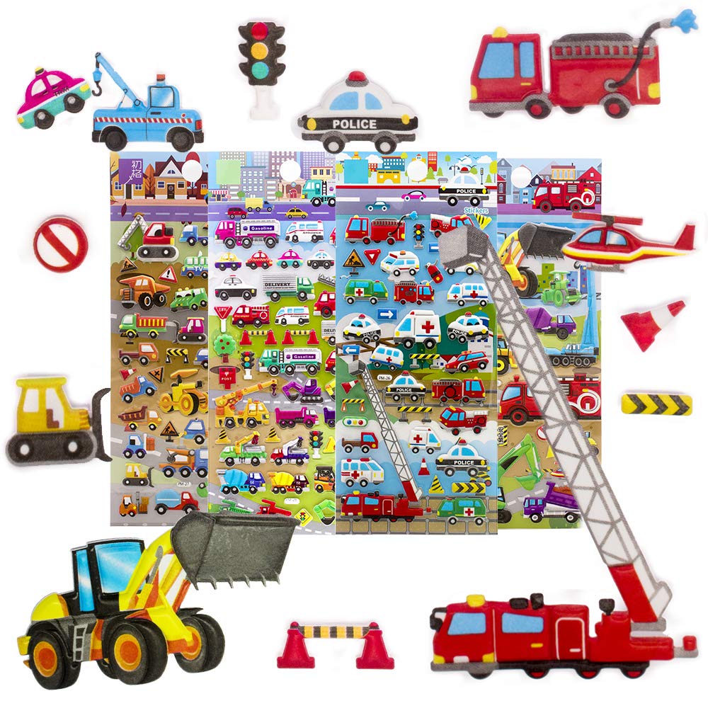imnext2u 3D Puffy Stickers for Kids - Reusable Vehicle Stickers Set with Truck, Construction & Tractor (4 Sheets) - Fun Car Decals for Toddlers, Boys & Girls - Perfect for Scrapbooking, Water Bottles & Laptop Decor