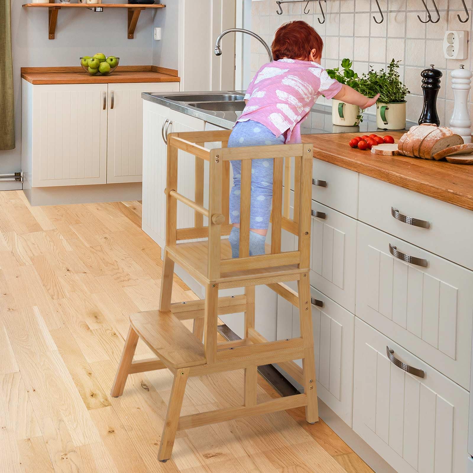 Natural Bamboo Toddler Step Stool with Safety Rail - Lightweight & Sturdy Kitchen Helper for Kids - Perfect for Bathroom Sink, Counter Access & Learning Independence