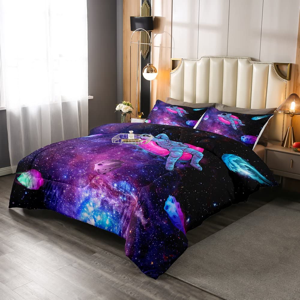 **Castle Fairy Astronaut Twin Size Comforter Set – Purple Stars Galaxy Duvet Cover & Quilt for Kids Boys Bedroom, Soft Microfiber Space Themed Bedding (2-Piece) – Perfect for Space-Themed Rooms & Sleepovers**