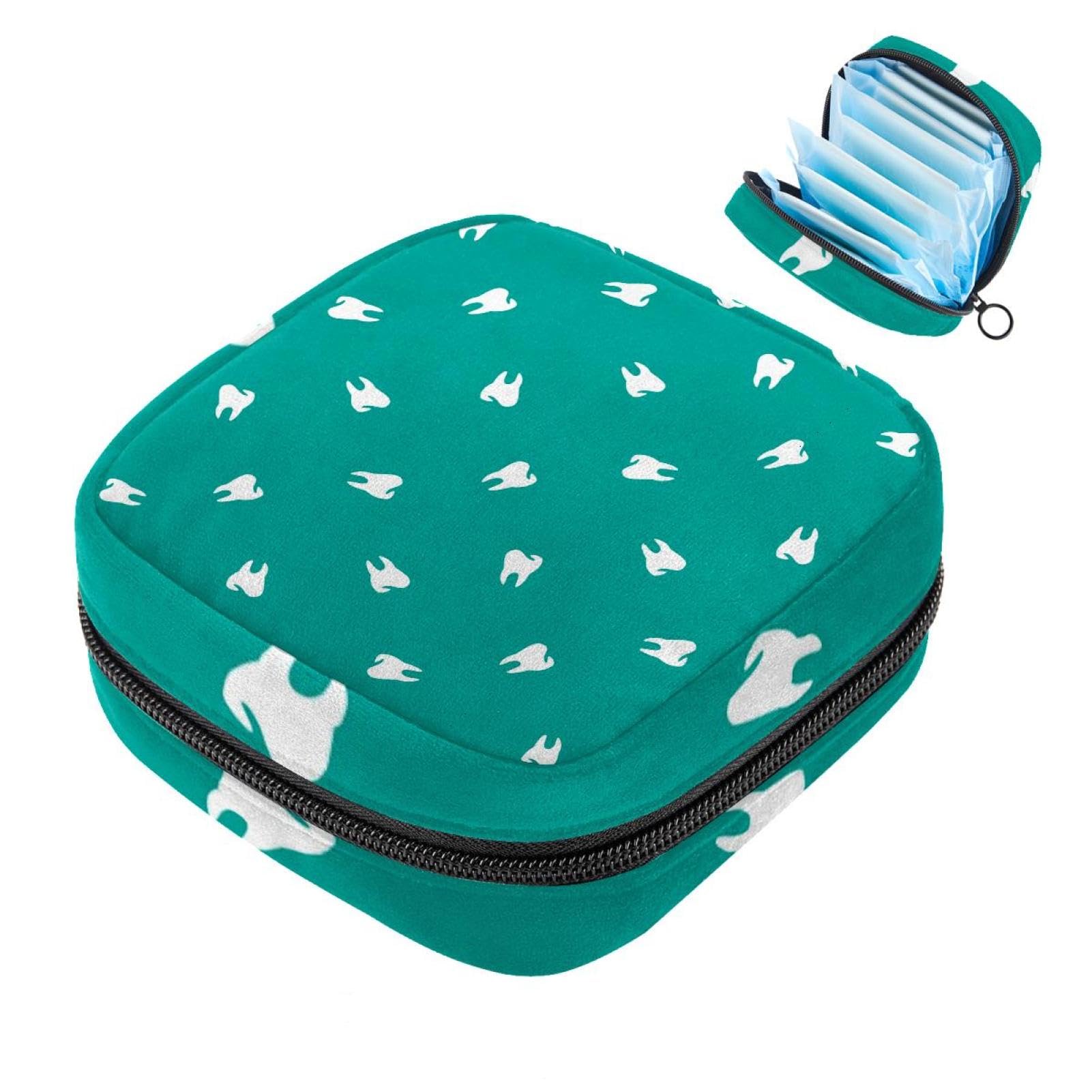 MUOOUM Cute Tooth Pattern Sanitary Napkin Pouch - Waterproof Zipper Menstrual Pad & Tampon Storage Bag for Women & Teens - Perfect for School, Gym, Travel & Emergency Period Care
