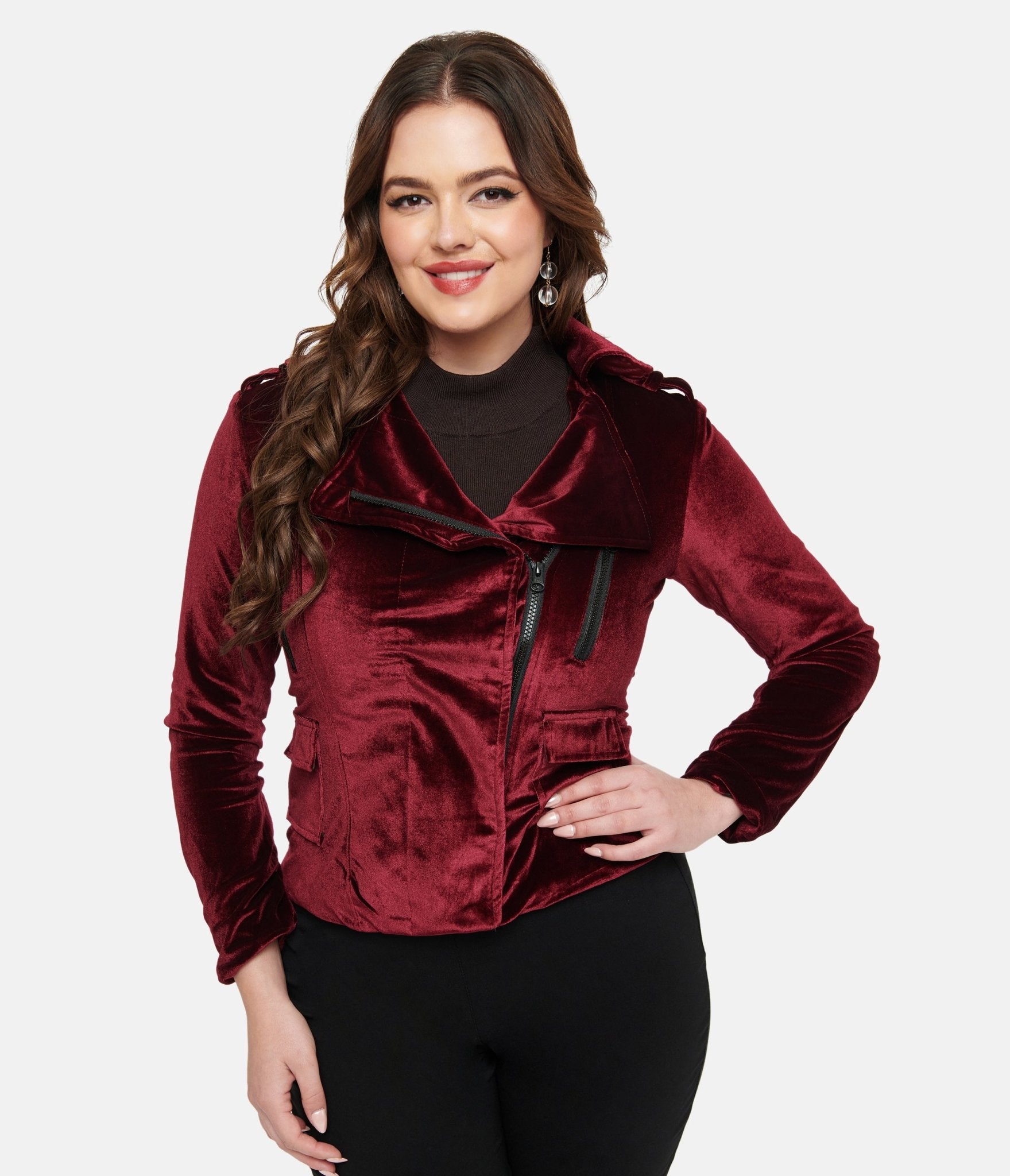 Stylish Burgundy Velvet Moto Jacket for Women - Pretty Attitude Clothing 'You Could Be Mine' - Perfect for Night Out, Party & Biker Fashion