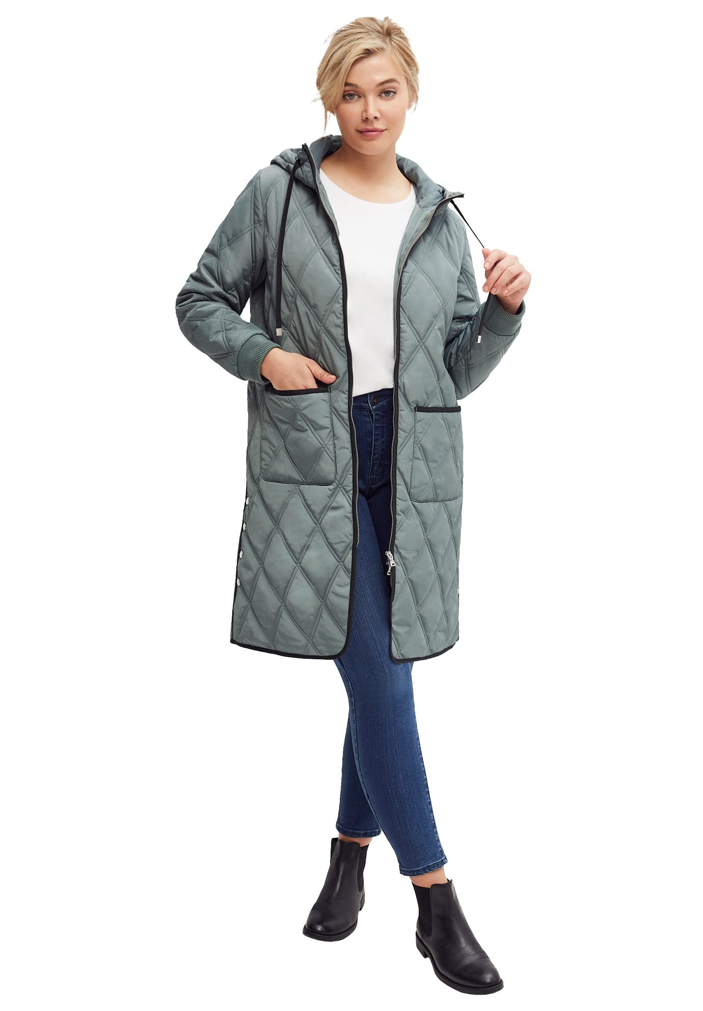 Ellos Women's Plus Size Long Quilted Hooded Jacket - Warm Winter Coat for Outdoor Activities, Casual Wear & Cold Weather Protection