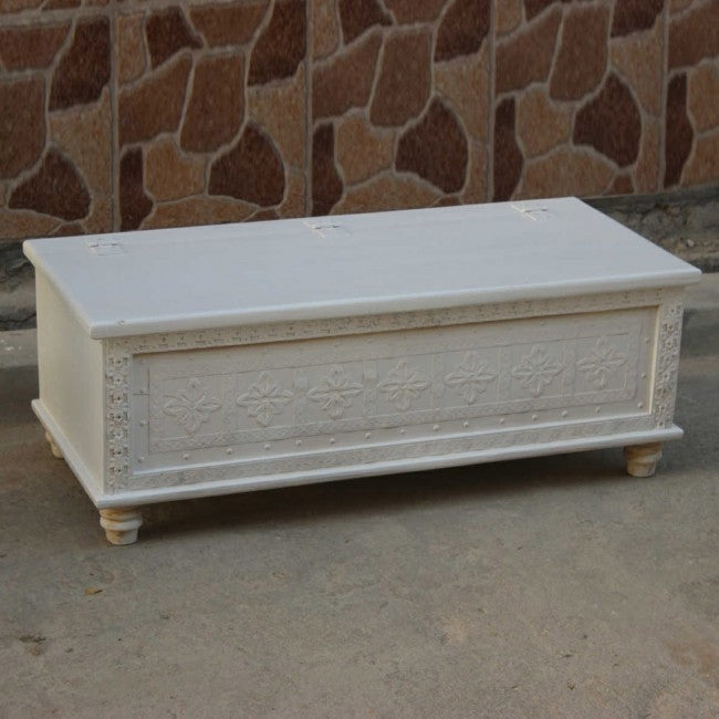 Hand Carved Floral Blanket Box - White Wooden Storage Chest for Blankets, Pillows & Linens | Perfect for Bedroom, Nursery & Home Decor Organization