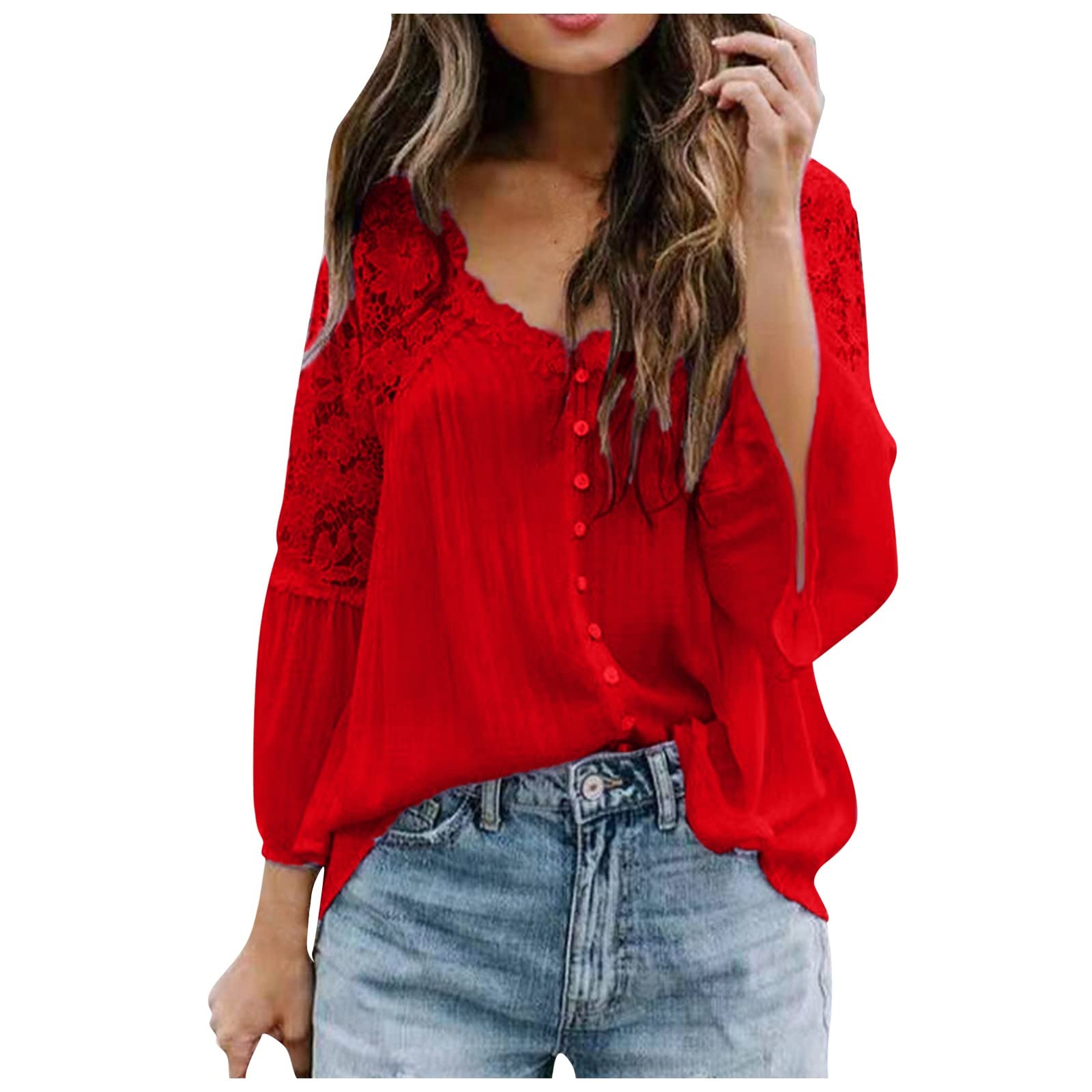 BISXOTY Women's Summer Casual V-Neck Lace Tunic Blouse - Pure Color Basic Trendy Top for Everyday Wear | Perfect for Office, Dating & Vacation Outfits
