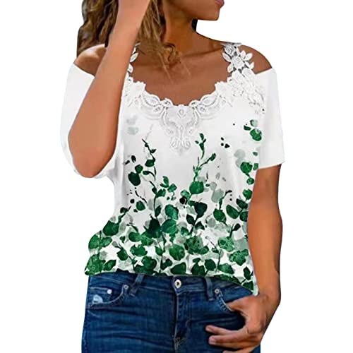 Women's Summer Short Sleeve Lace Cold Shoulder V-Neck T-Shirt - Casual Pullover Blouse (Green, XXL) | Perfect for Beach Outings, Date Nights & Summer Vacations
