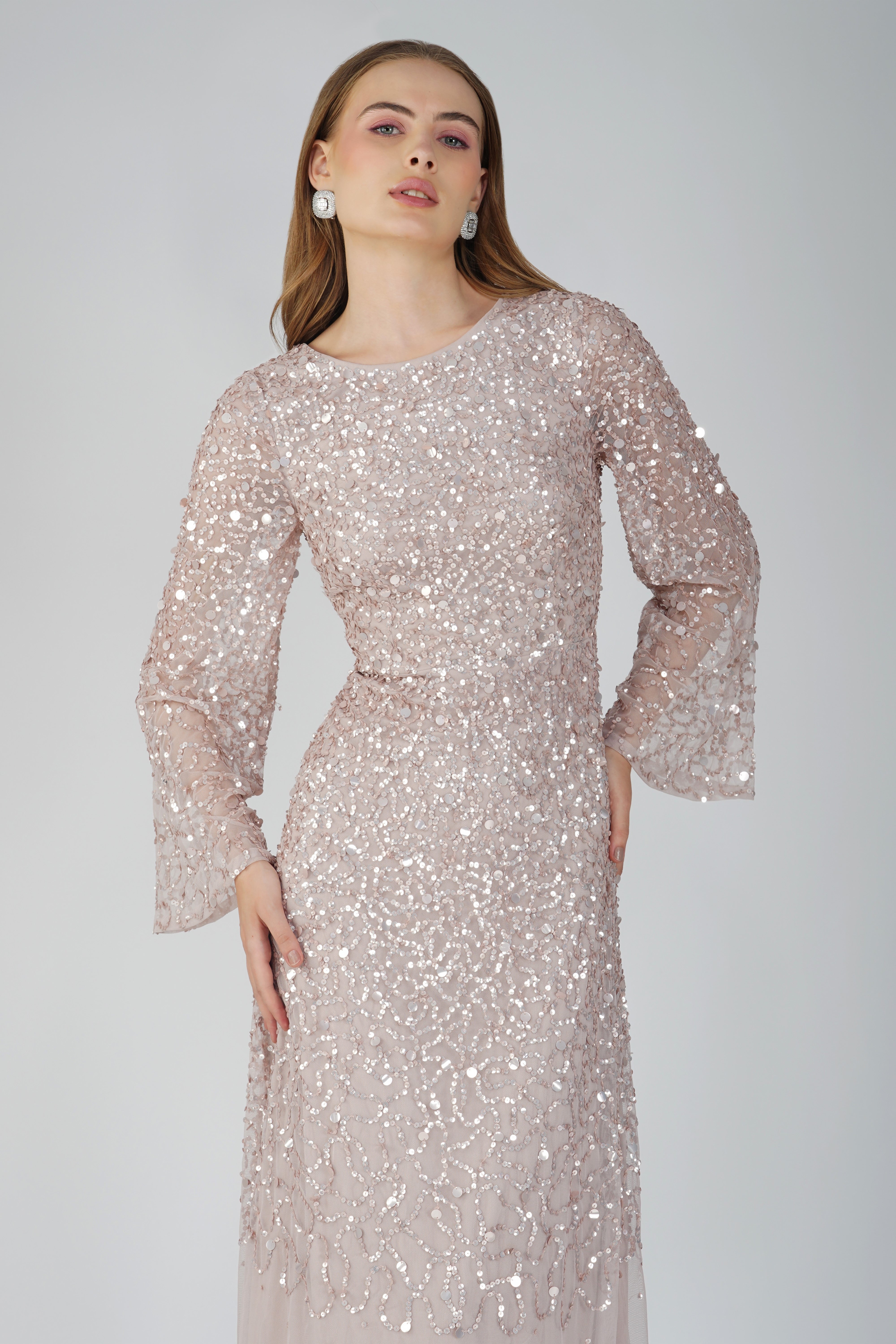 Elegant Diane Long Sleeve Embellished Maxi Dress in Mink - Perfect for Weddings, Parties & Special Occasions