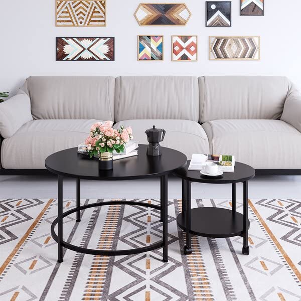 Modern Round Nesting Coffee Table Set of 2 - Black Metal Frame Side Tables with Wheels for Living Room, Bedroom & Office - Perfect for Snacks, Tea, and Home Decor