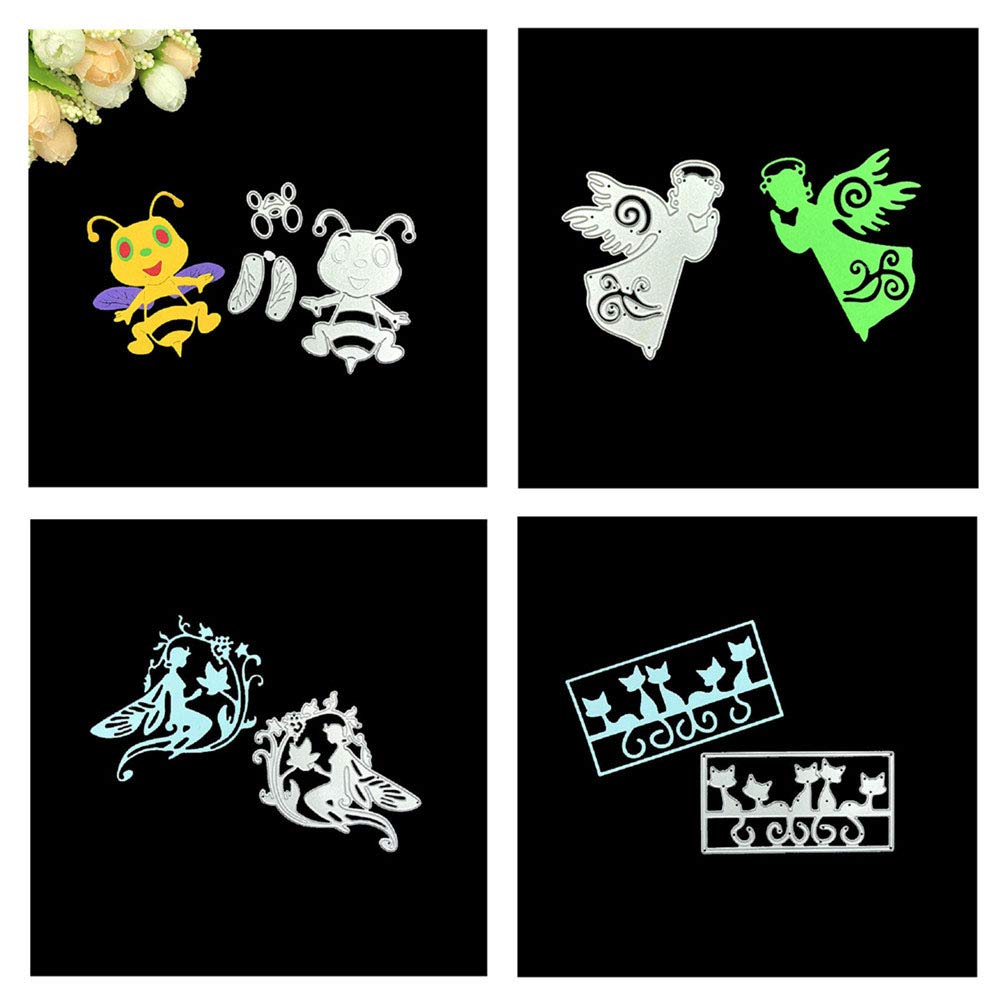 4-Piece Metal Scrapbooking Die Cut Set - Fairy Angel, Fairy, Cartoon Bee & Cat Frame Stencils for DIY Greeting Cards, Photo Albums, Paper Crafts & Gift Making - Perfect for Card Embellishment, Scrapbooking & Home Decor Projects