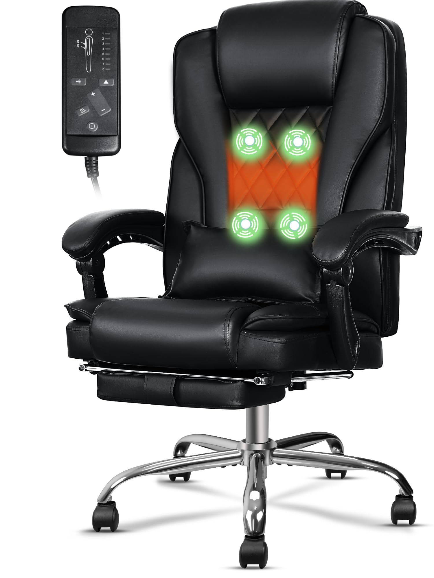 Ergonomic Office Chair with Heating & Massage - Adjustable Lumbar Support, Footrest & Wheels - Big & Tall Reclining Chair for Home Office - Perfect for Long Work Hours & Back Pain Relief