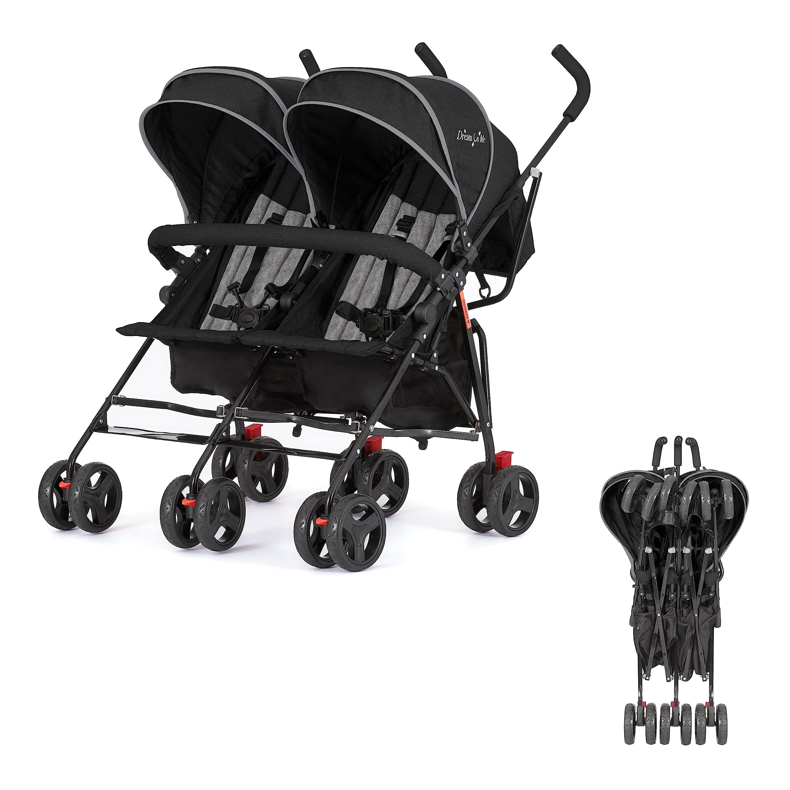 Dream On Me Volgo Twin Umbrella Stroller - Lightweight Double Stroller for Infant & Toddler (0-50 lbs), Compact Foldable Design with Large Storage Basket & Adjustable Canopy | Perfect for Travel, Shopping & Daily Walks with Twins