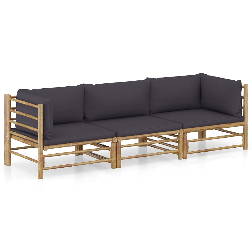 vidaXL 3-Piece Bamboo Patio Lounge Set with Removable Washable Dark Gray Cushions - Scandinavian Style Modular Outdoor Furniture for Garden, Poolside & Backyard Relaxation - Durable Weather-Resistant Sofa Set for Patio Decor