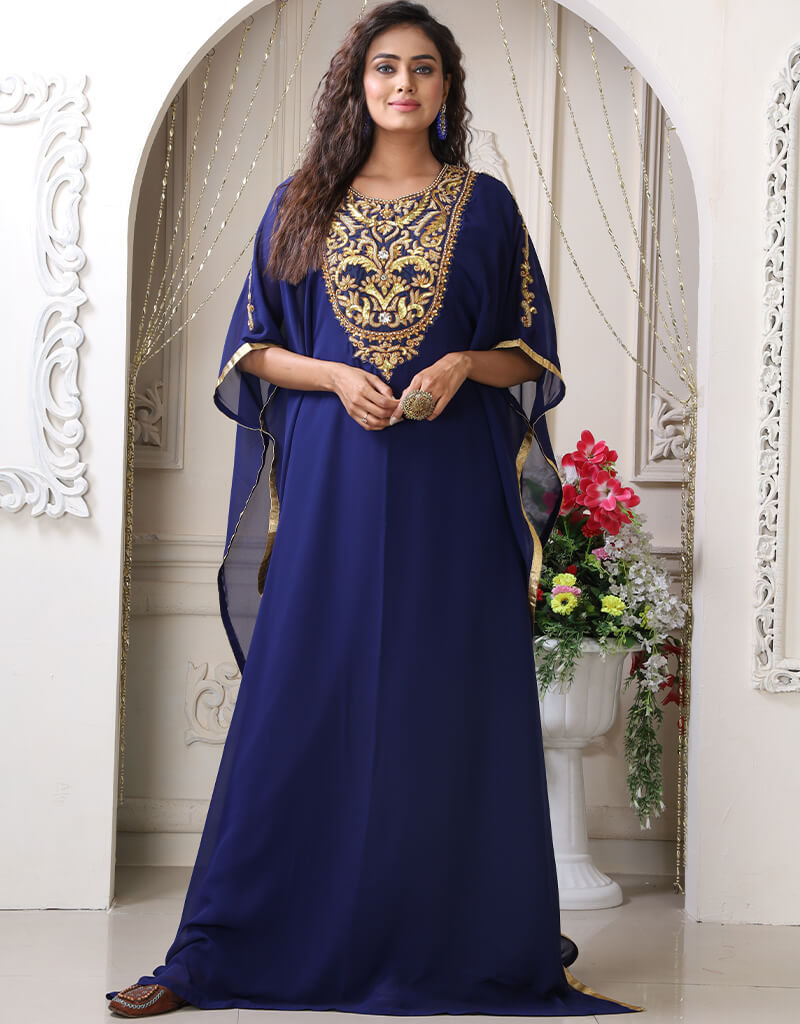 Exquisite Arabic Dark Blue Georgette Farasha with Stone Embroidery - Perfect for Weddings, Parties & Special Occasions