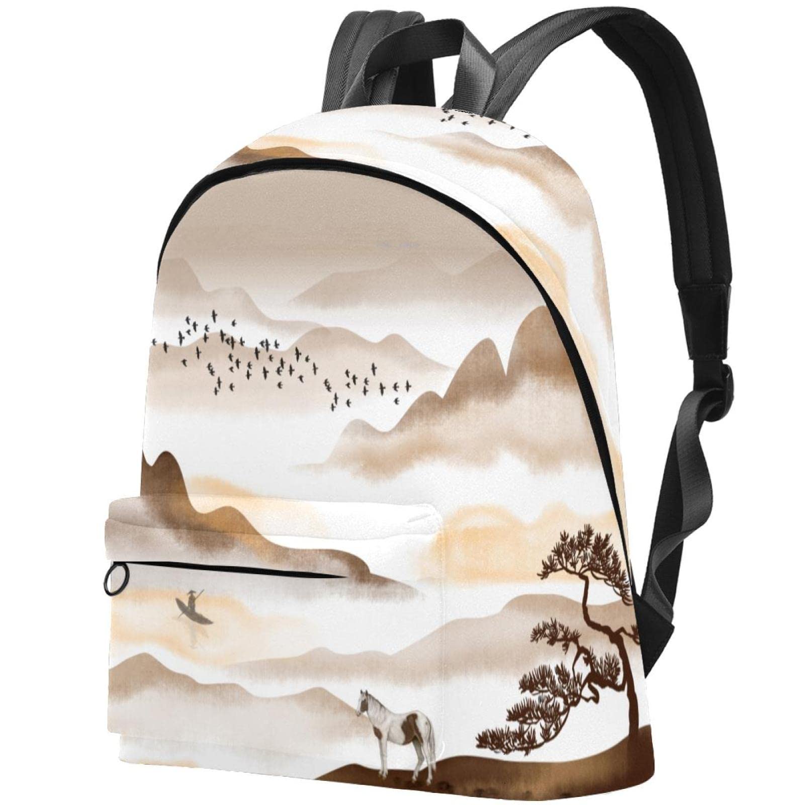 Durable Canvas Backpack for College & Travel - Waterproof Laptop Backpack for Women & Men with Mountain Ink Painting Horse Design - Perfect for School, Work, Hiking & Daily Commute