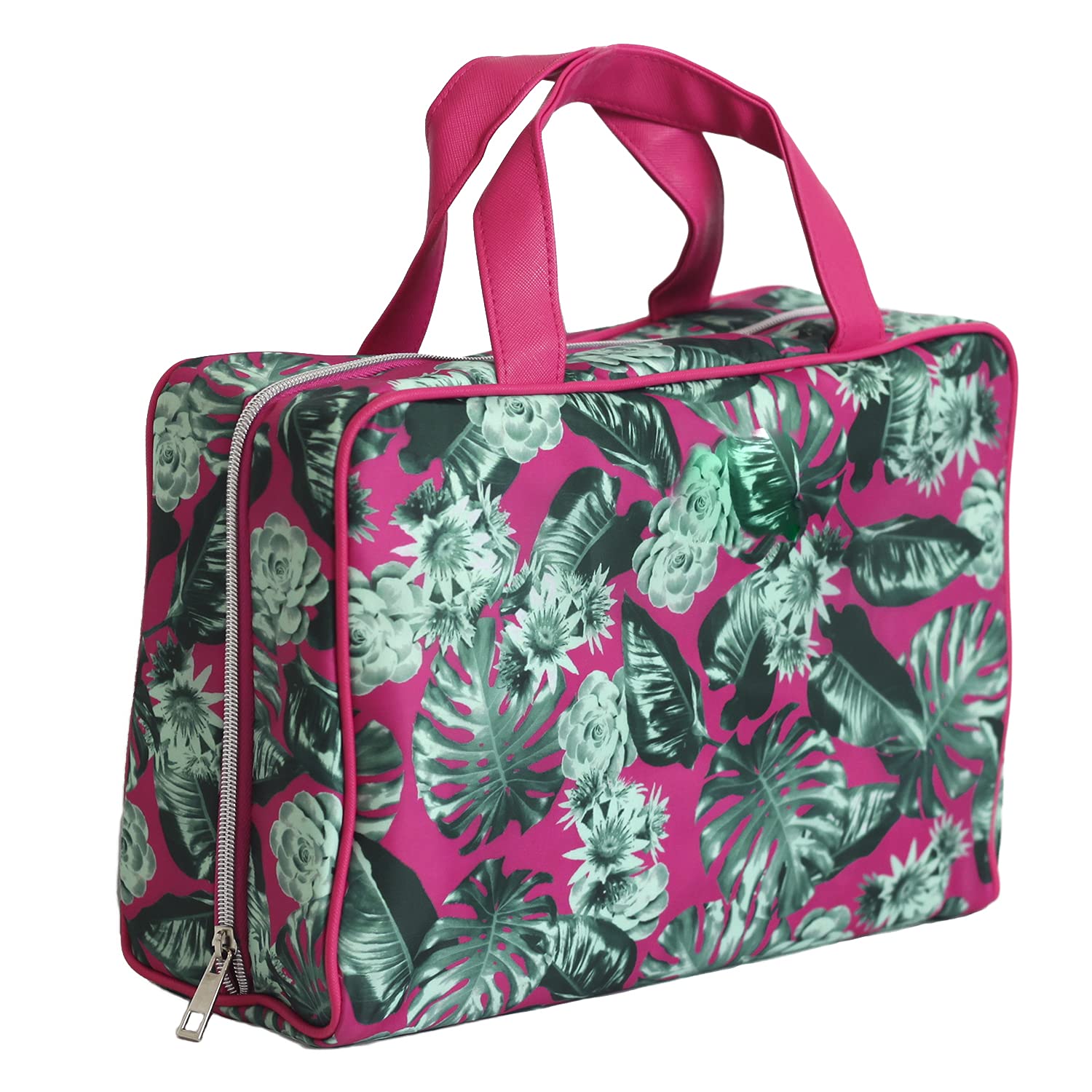 Nicole Miller Large Makeup Bag with Zipper - Travel Toiletry Organizer with Transparent Pockets & Handles, Foldable Cosmetic Case for Women - Perfect for Home, Gym, Vacation & Airplane Carry-on (Hot Pink & Green Leaf Print)