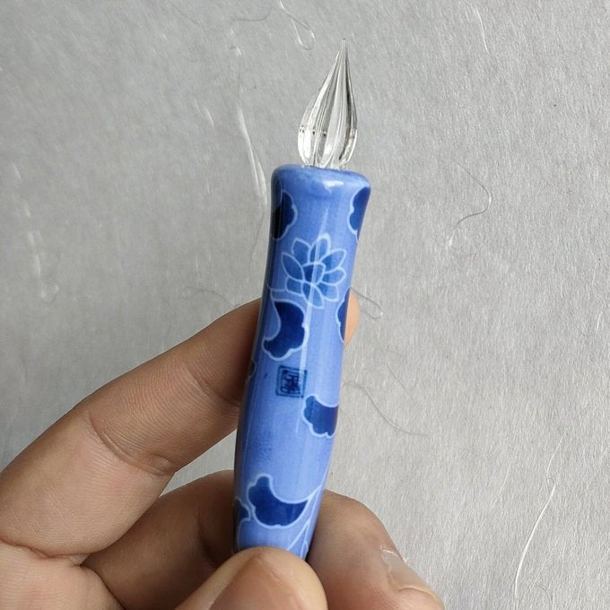 Imari Yaki Japanese Glass Dip Pen - Blue Flower Pattern Handmade Calligraphy Pen for Ink Writing & Art | Perfect for Lettering, Sketching, and Gift Giving