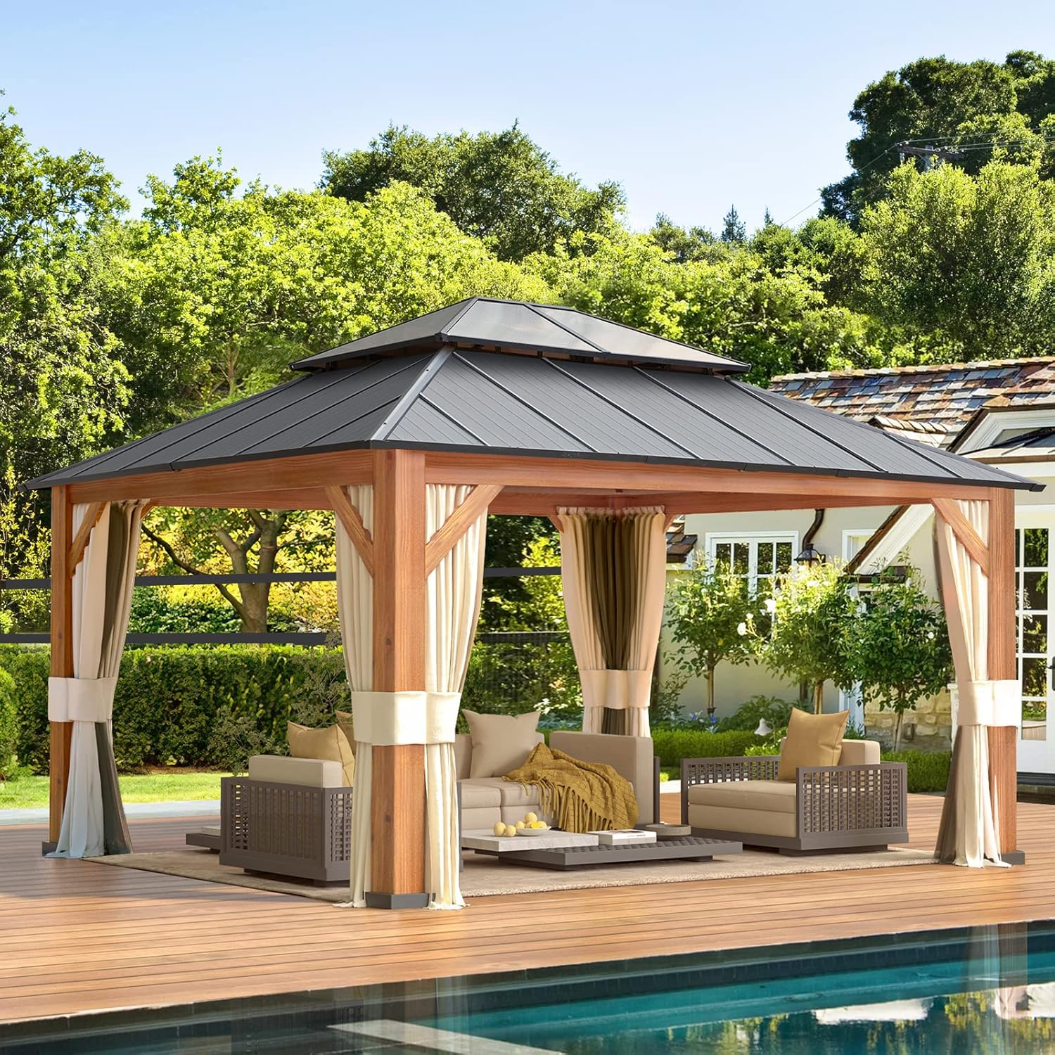 EROMMY 12X14 Gazebo with Double Galvanized Steel Roof - Outdoor Patio Canopy for Backyard, Garden, and Poolside Relaxation