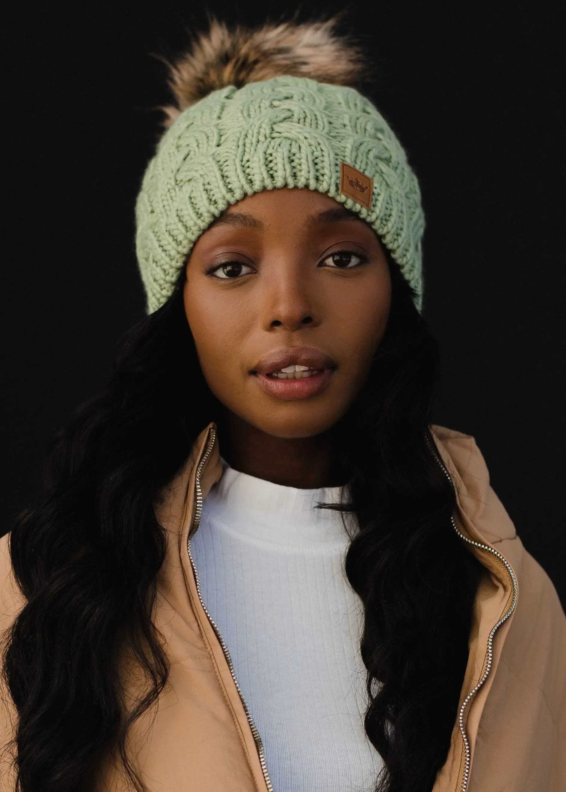 Cozy Mint Green Braided Knit Pom Beanie - Warm Winter Hat for Women & Men - Perfect for Skiing, Snowboarding & Outdoor Activities