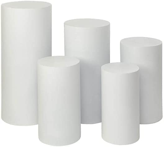5PCS White Metal Cylinder Pedestal Stands for Wedding, Birthday & Baby Shower Decorations - Party Props, Table Centerpiece Displays & Event Decors