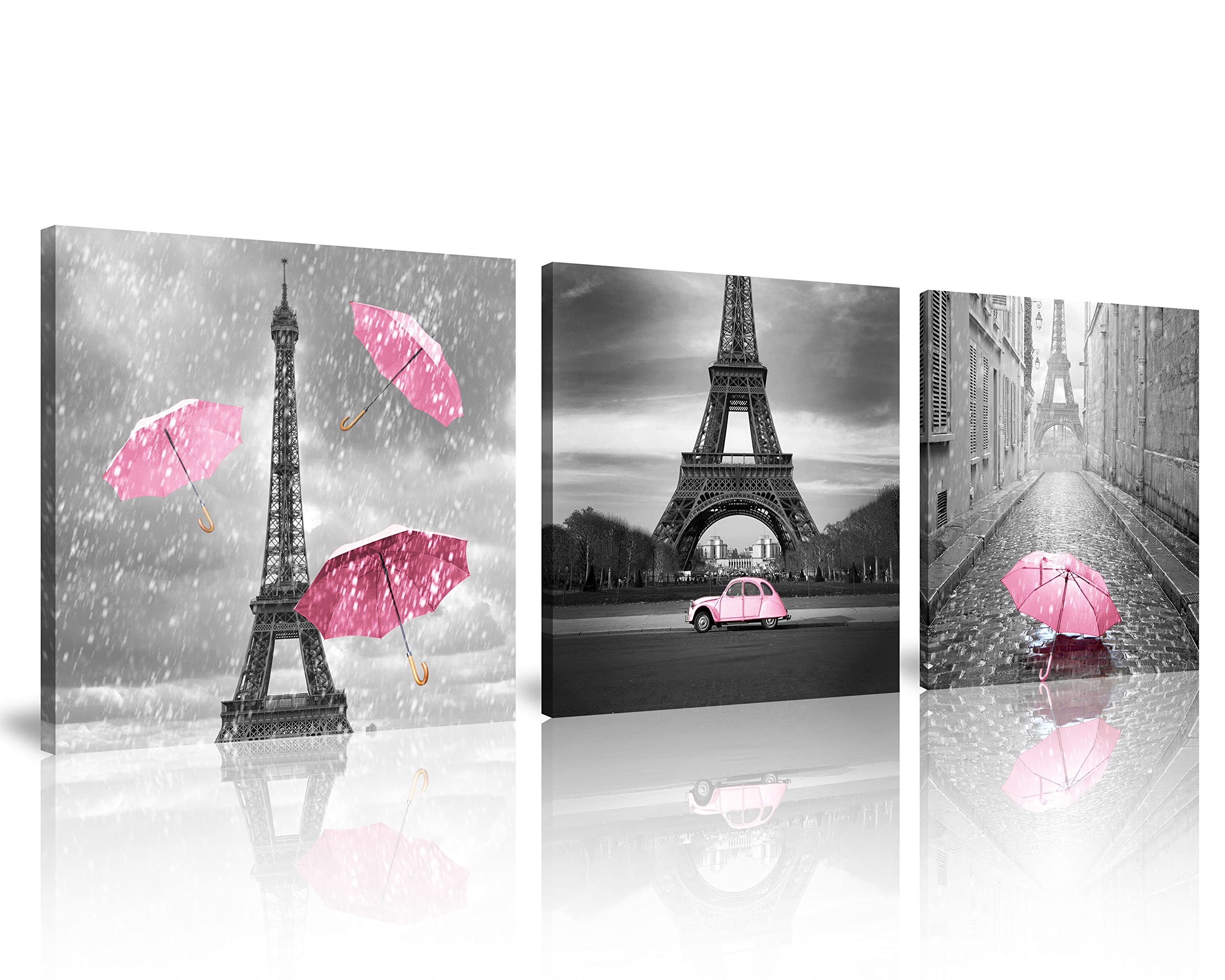 3-Piece Black and White Canvas Wall Art Set - Paris Theme Oil Painting Print with Eiffel Tower & Umbrella - Perfect for Living Room, Bedroom, Bathroom & Girls' Pink Room Decor | Wall Decor for Home, Office & Gift Giving