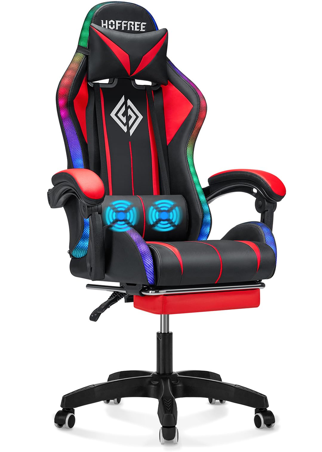 Ergonomic Gaming Chair with Massage, RGB LED Lights & Adjustable Footrest - High Back Computer Chair with Lumbar Support for PC/Console Gamers (Red & Black) - Perfect for Esports, Streaming & Home Office Setup