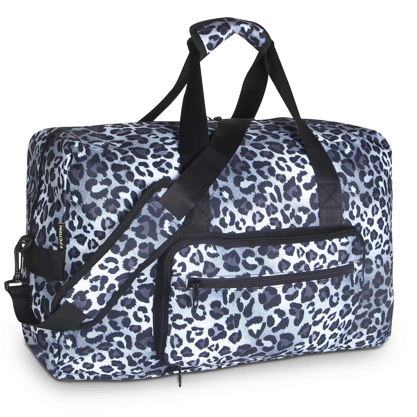 F.FETIVIN Weekender Bag for Women - Stylish Carry On Duffle Bag, Medium Overnight Travel Bag with Leopard Print (Black) - Perfect for Gym, Weekend Trips & Airplane Travel