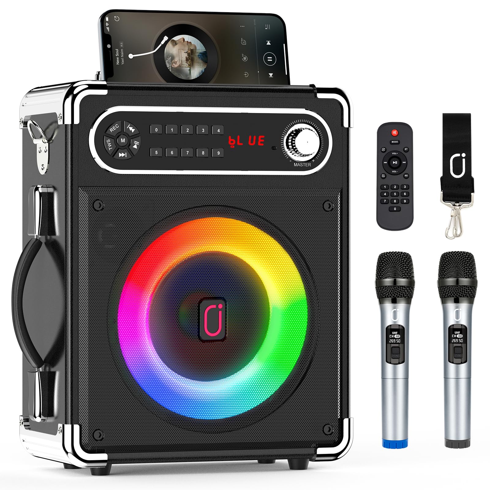 Portable Bluetooth Speaker with 2 Wireless Microphones - Outdoor PA System with Subwoofer & Tweeter, Remote Control, Disco Lights, FM Radio & Recording - Perfect for Home Parties, Karaoke Nights & Outdoor Events