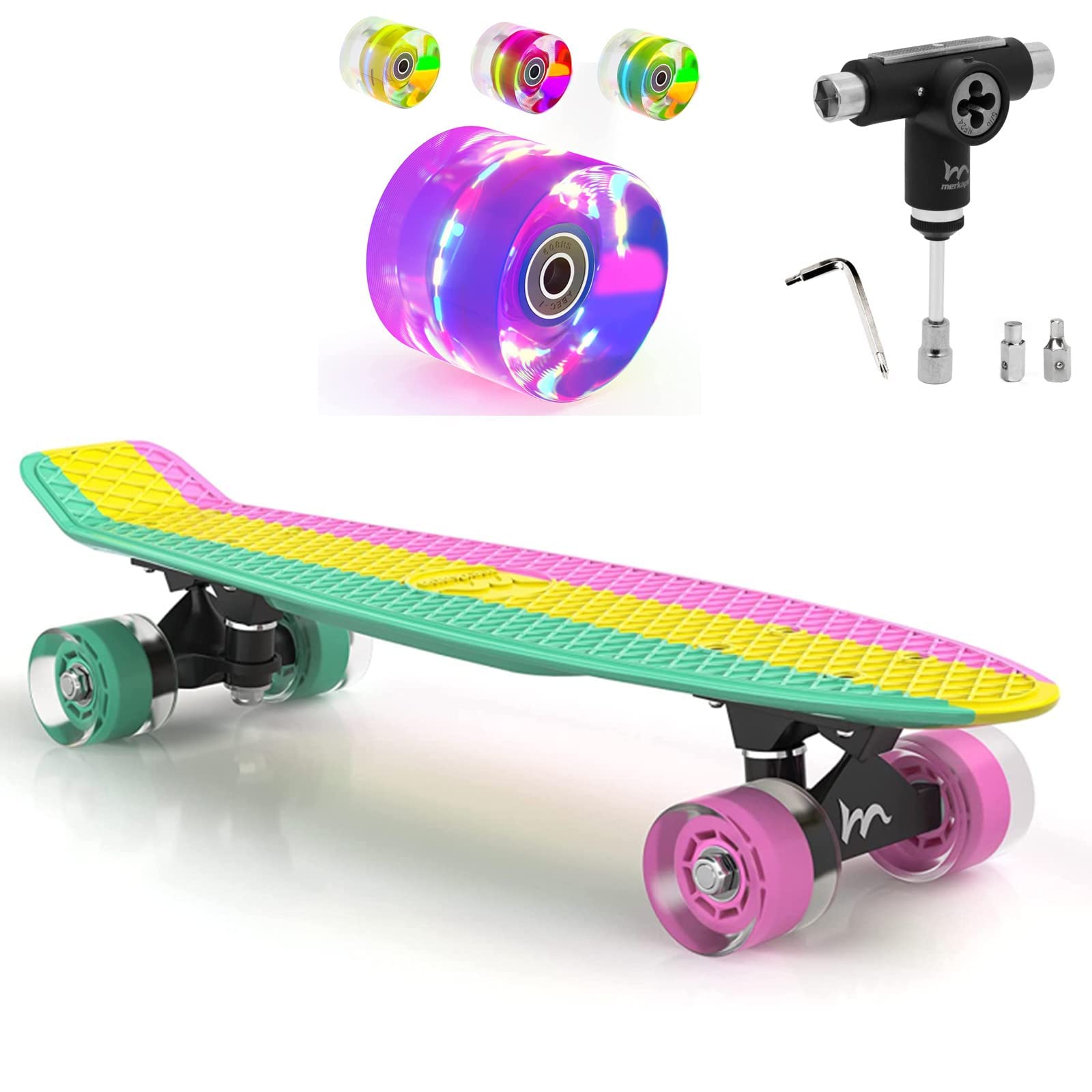 **Merkapa Complete Skateboard for Kids Ages 6-12 with LED Flashing Wheels & T-Tools – 22 Inch Cruiser Board for Beginners, Outdoor Fun & Commuting**