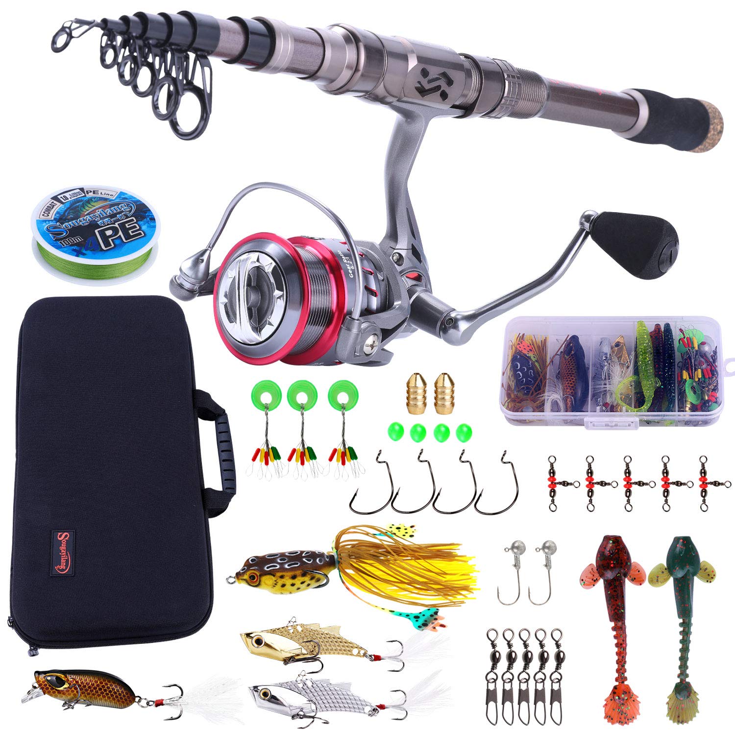 Sougayilang Carbon Fiber Telescopic Fishing Rod and Reel Combo - 12+1 BB Spinning Reel with Carrying Case - Saltwater & Freshwater Fishing Gear Kit for Bass, Trout, and Salmon Fishing | Perfect for Shore, Boat, and Ice Fishing Adventures