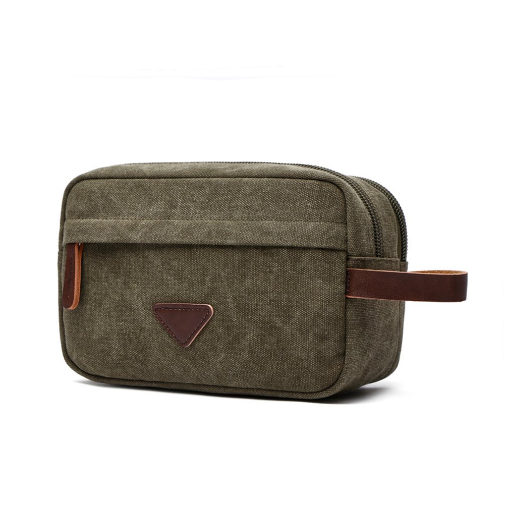 Tumecos Men's Leather Waxed Canvas Toiletry Bag - Waterproof Shaving Dopp Kit for Travel, Gym & Camping - Army Green Travel Accessories Organizer - Perfect for Business Trips & Weekend Getaways