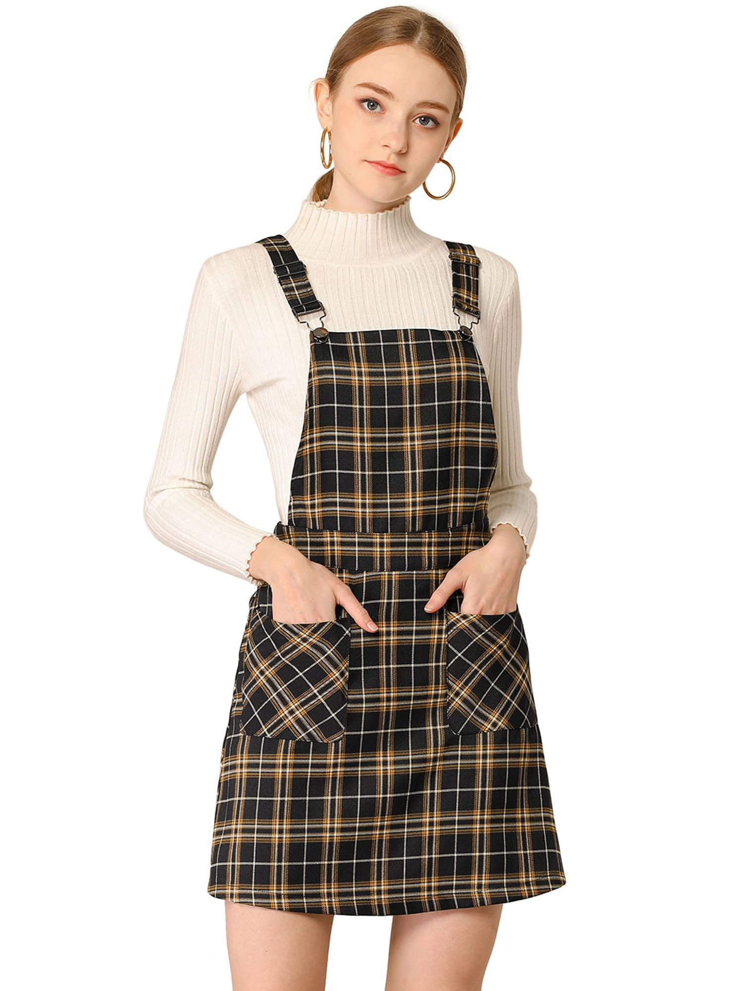 Allegra K Women's Adjustable Strap Above Knee Plaid Printed Overall Dress Suspender Skirt - Stylish Casual Outfit for Spring Summer, Date Night & Office Wear