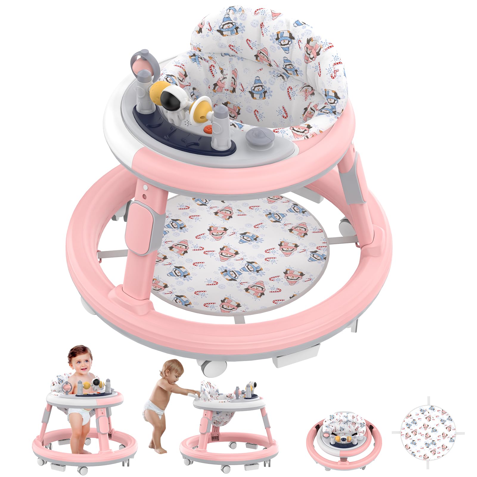 Foldable Baby Walker with Wheels & Music - Adjustable Height Anti-Fall Infant Walker for Boys & Girls 6-24 Months - Pink Activity Center with Foot Pads (Perfect for Learning to Walk & Indoor Play)