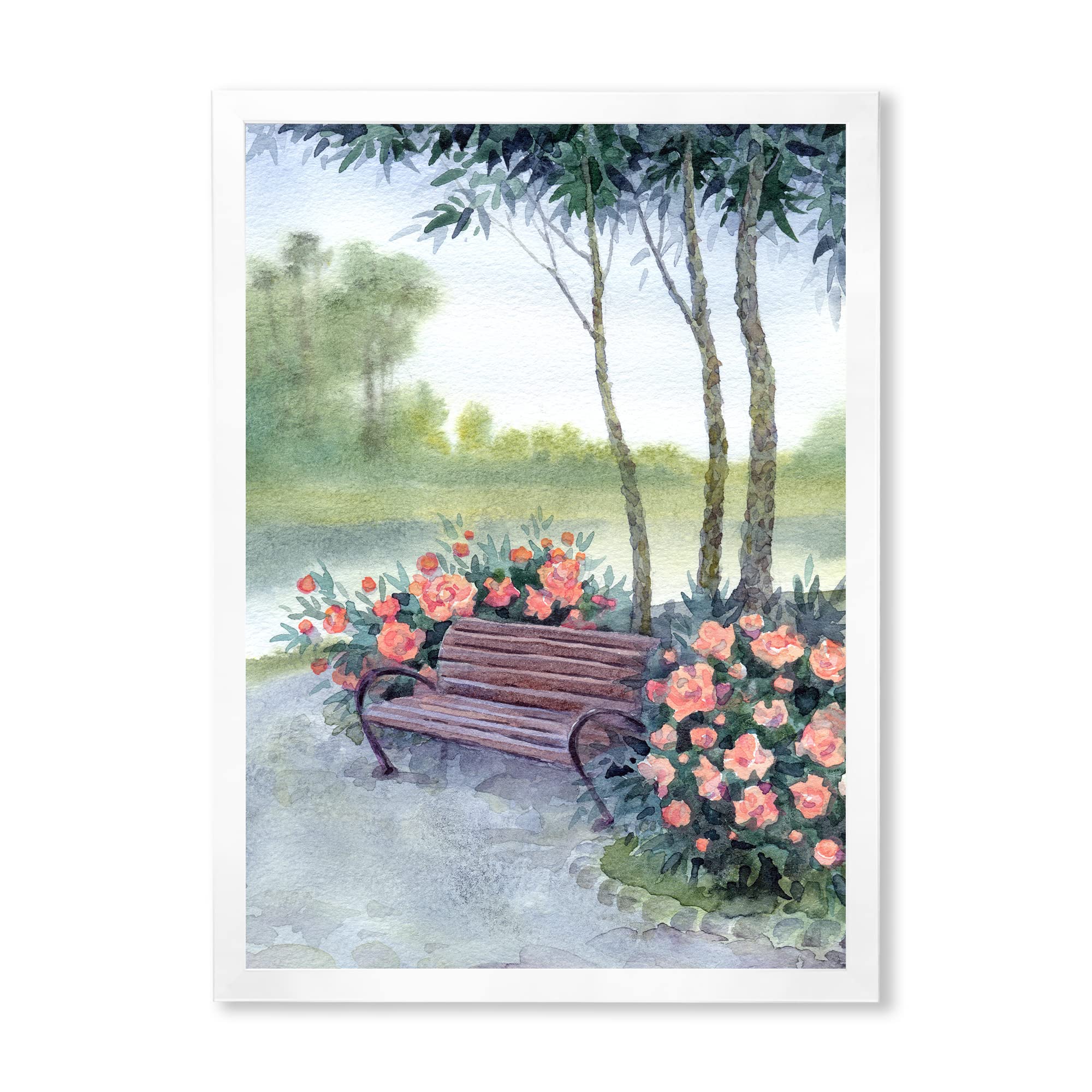 DesignQ Traditional Framed Wall Art - Park Bench by Pine Bushes Landscape Painting for Living Room, Bedroom & Office Decor