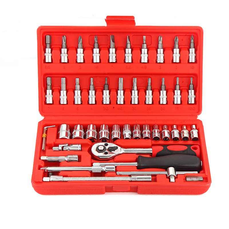 46-Piece Car Repair Tool Kit with Ratchet Wrench, Sockets & Screwdriver Bits - Professional Mechanic Tool Set for Auto Maintenance, DIY Projects & Emergency Roadside Repairs