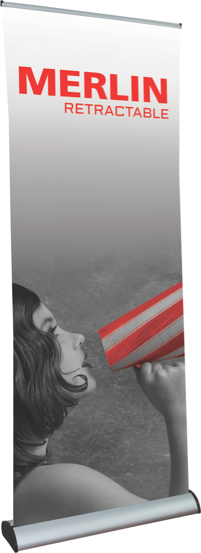 Merlin Retractable Banner Stand with Extra Cassette & Graphic - 33.5”W x 61.5”H (88”H Extended) - Perfect for Trade Shows, Retail Displays & Event Marketing
