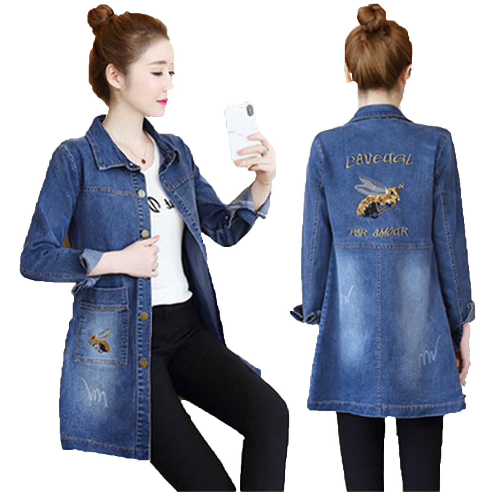 Women's Denim Trench Coat - Single-Breasted Embroidered Plus Size Cowboy Jacket for Spring & Autumn | Casual Outwear for Street Style, Date Nights & Outdoor Adventures