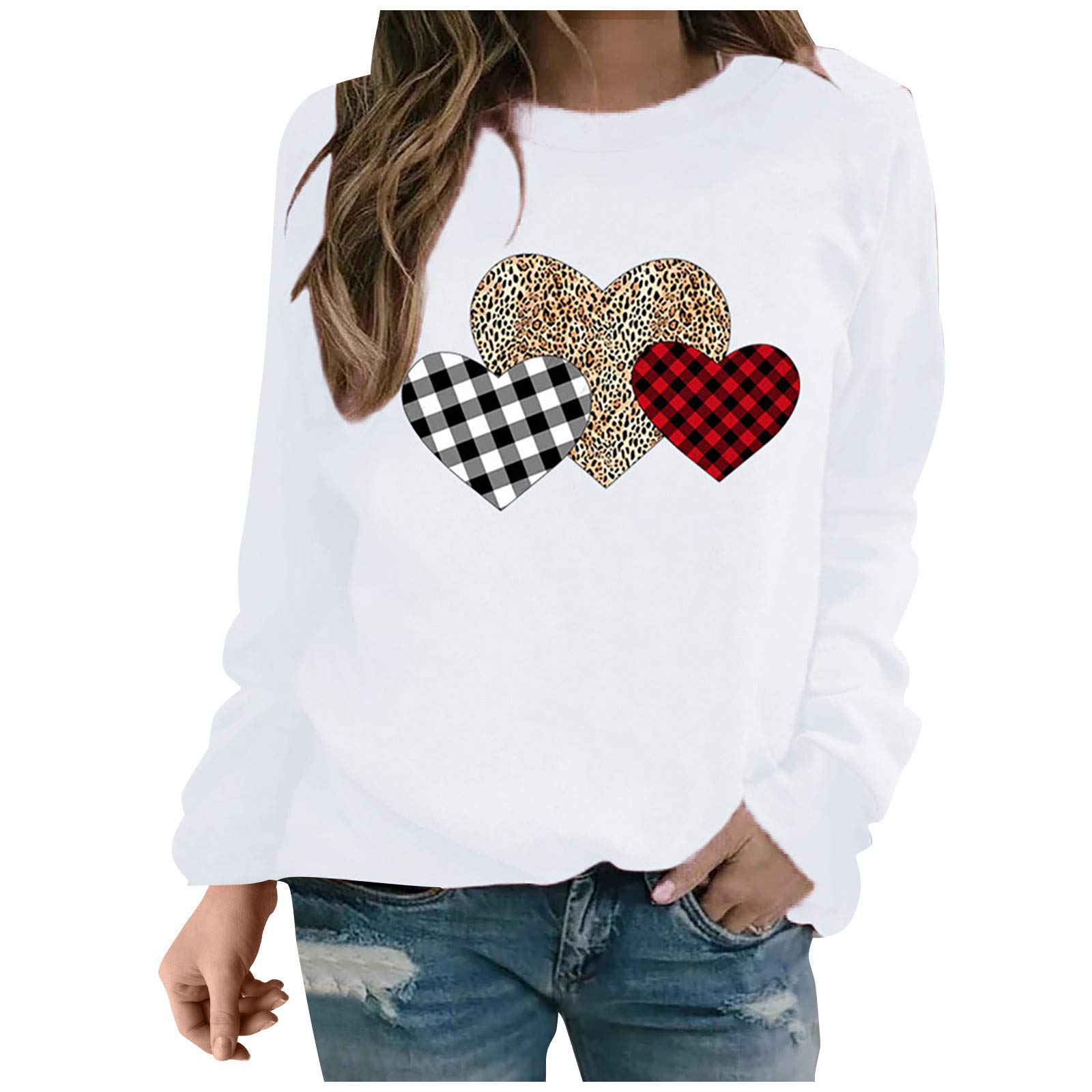 Valentine's Day Women's Long Sleeve Love Print Sweater Shirt - Loose Blouse Top with Lace Detail - White Romantic Bodysuit for Date Night & Special Occasions