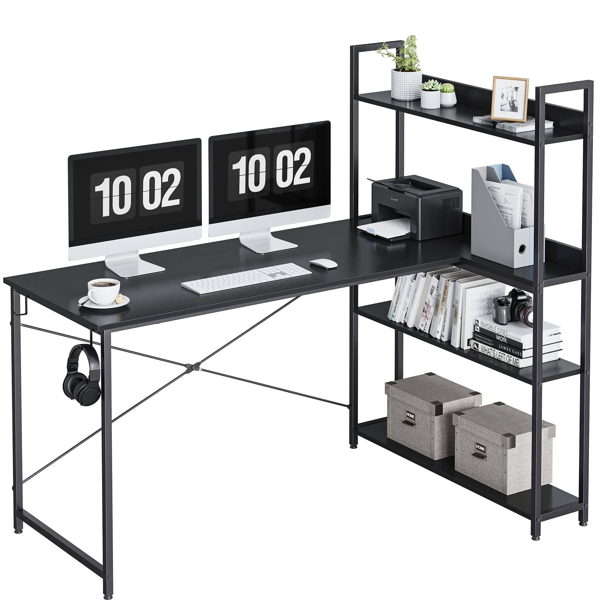 CubiCubi 55 Inch L-Shaped Computer Desk with Storage Shelves & 2 Hooks - Space-Saving Home Office Desk for Small Spaces, Gaming Setup & Study Workstation - Black