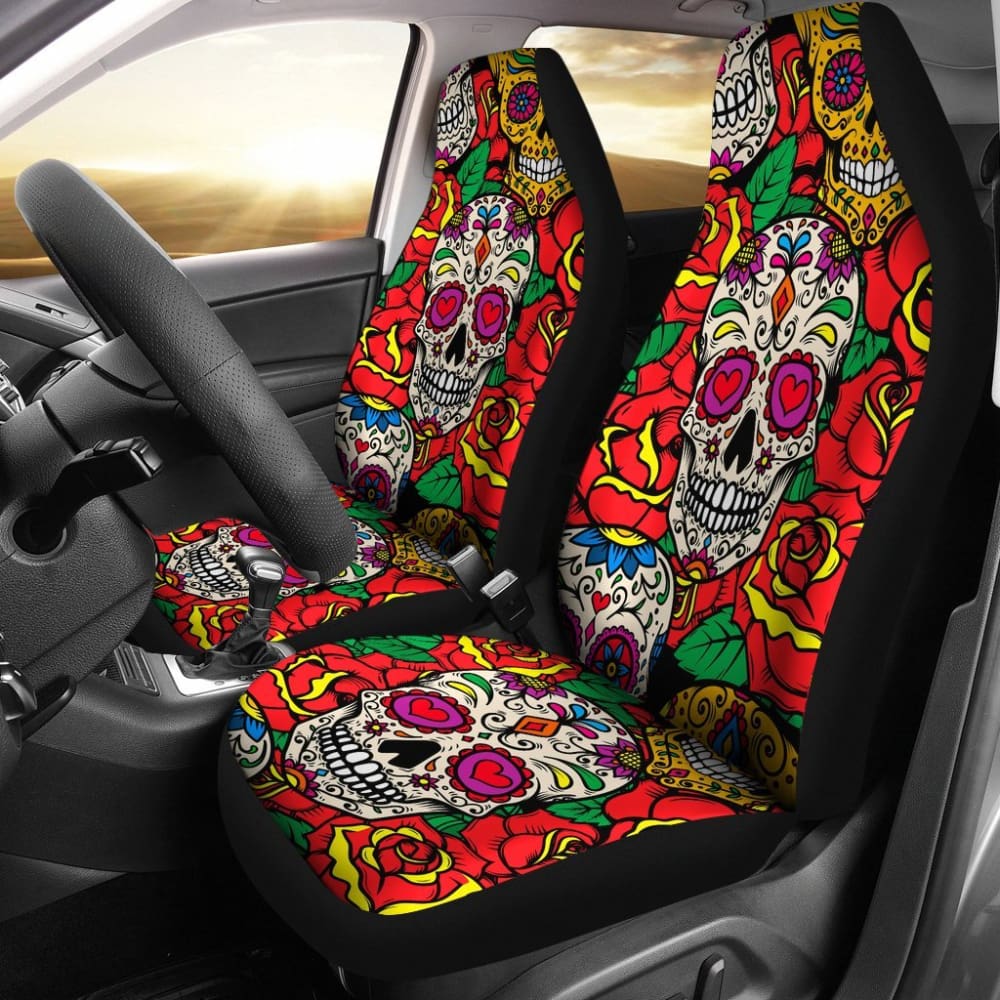 2 Pcs Floral Sugar Skull Car Seat Covers - Day of The Dead Design for Front Seats - Perfect for Halloween, Dia de Los Muertos Celebrations & Car Decorations