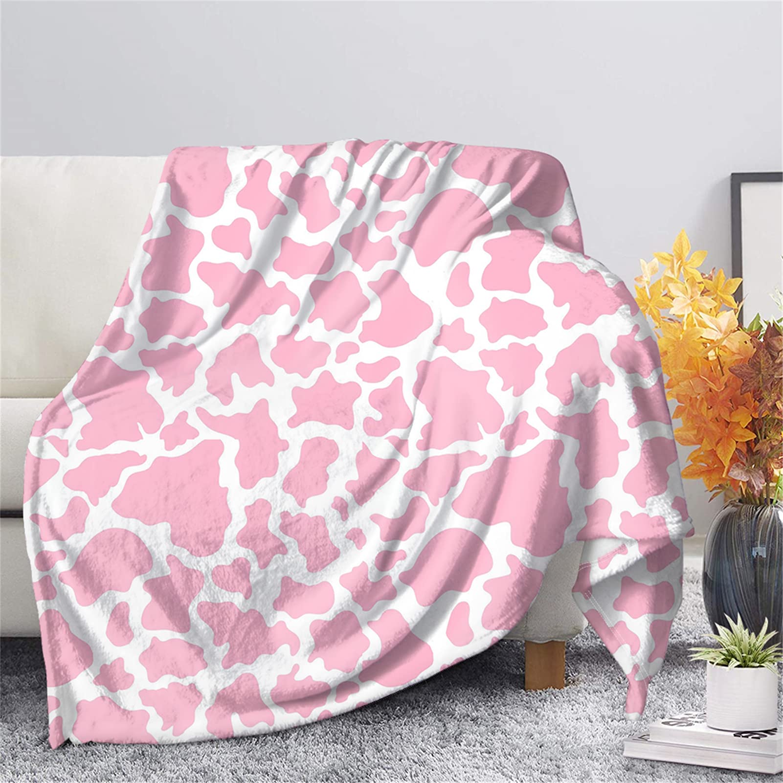 Pink Cow Print Soft Fleece Blanket - Lightweight Cozy Plush Flannel Throw for Kids & Adults - Perfect for Sofa, Couch, Living Room, Bed Decor & Gift Giving