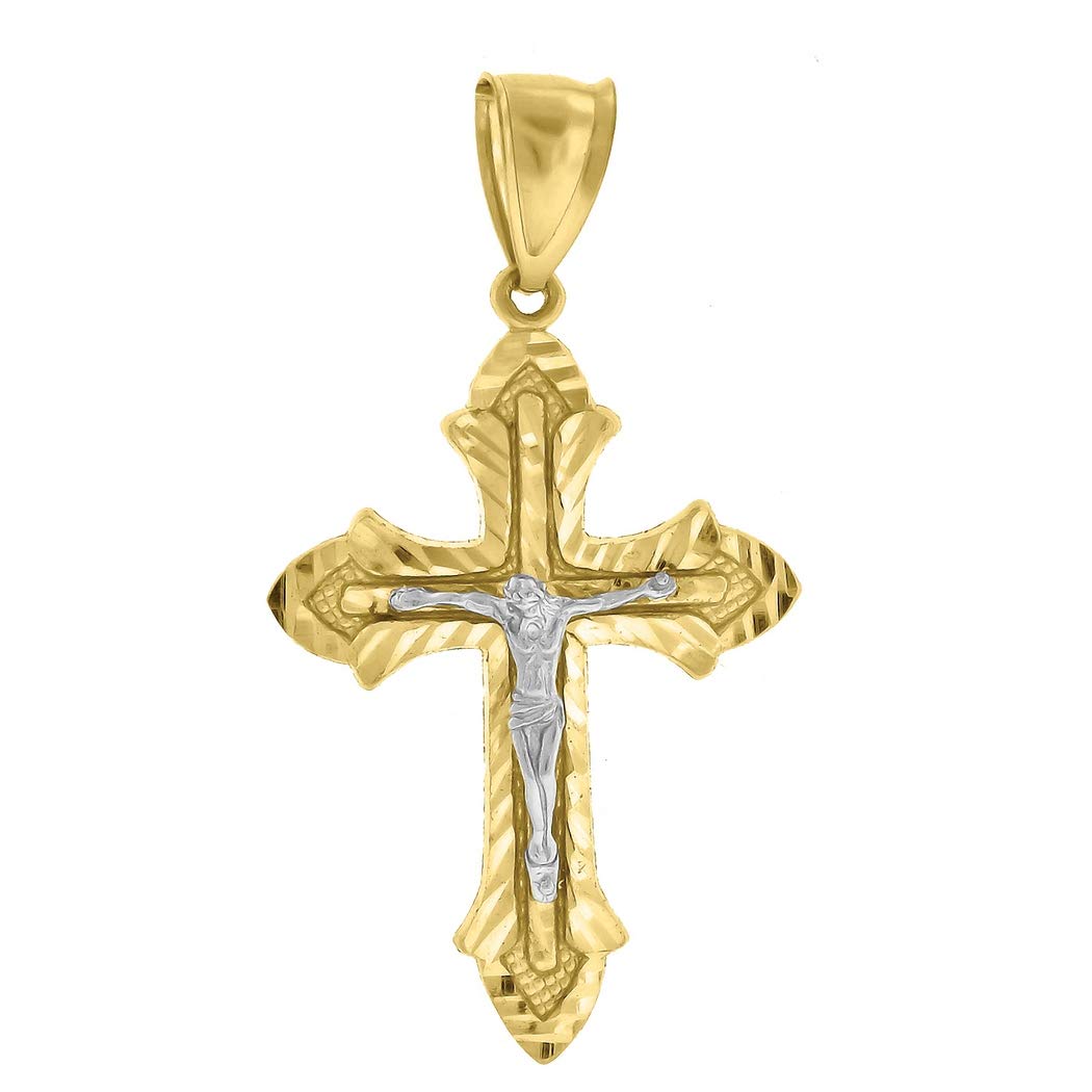 10K Two-Tone Gold Sparkle Cut Crucifix Cross Pendant Necklace for Men & Women - 49.7x26.9mm Religious Jewelry Gift - Perfect for Baptism, Confirmation & Daily Wear