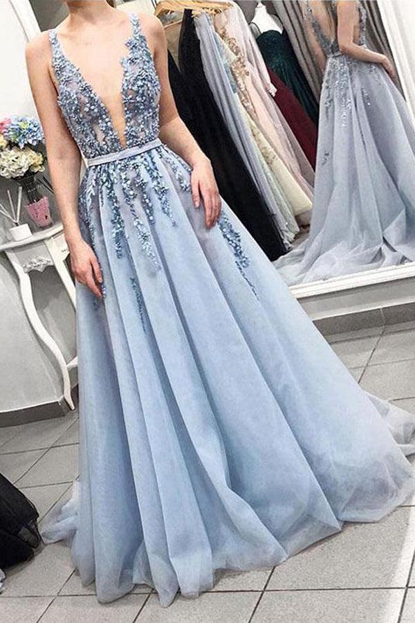 Elegant A-Line V-Neck Sky Blue Long Prom Dress with Court Train - Formal Evening Gown TP1064 for Homecoming, Wedding, Ball & Special Occasions