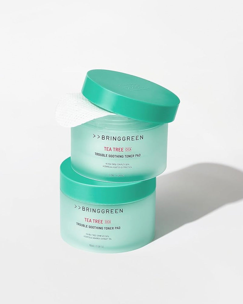 BRING GREEN Tea Tree Cica Soothing Toner Pads for Acne-Prone Skin - Hydrating & Calming Facial Treatment for Oily & Sensitive Skin - Perfect for Daily Skincare Routine & Post-Workout Refresh
