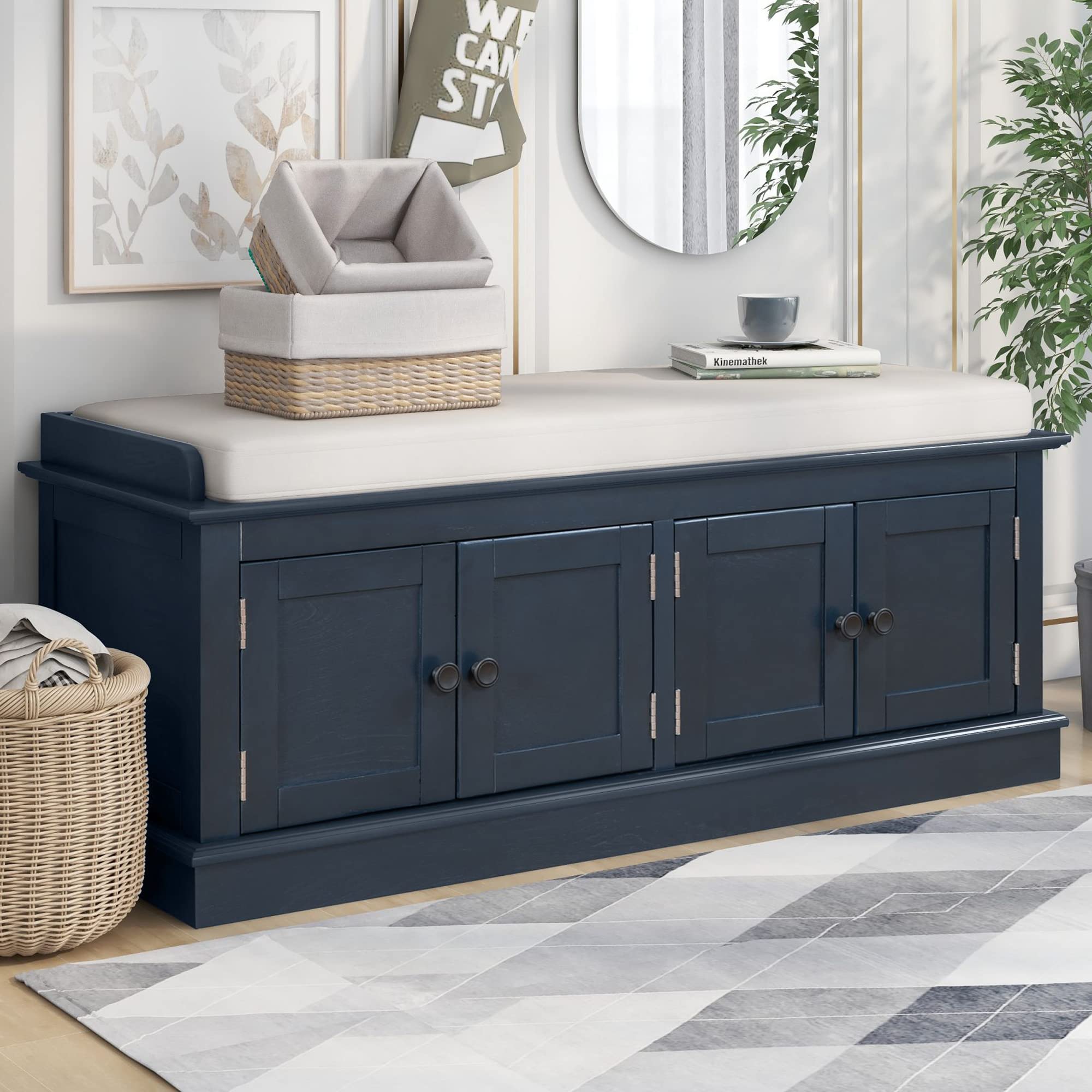 Farmhouse Storage Bench with Adjustable Shelves & Removable Cushion - Wooden Entryway Shoe Bench for Hallway, Living Room & Bedroom - Antique Navy Home Organization Solution