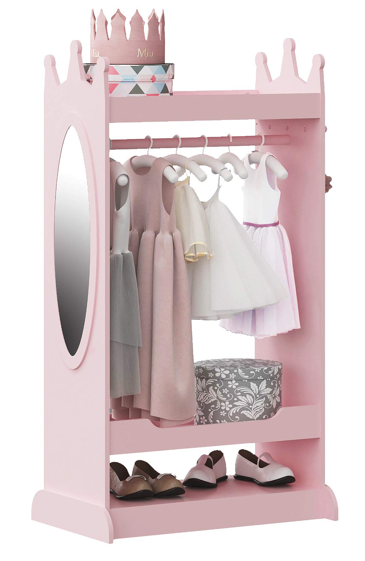 UTEX Kids Dress Up Storage with Mirror - Pink Costume Wardrobe & Hanging Armoire Closet for Girls & Boys | Pretend Play, Toy Organization & Bedroom Decor
