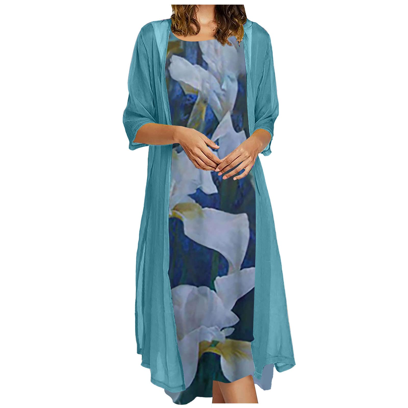 Floral Print Midi Dress & Cardigan Two-Piece Set for Women - Plus Size Chiffon Sleeveless Wedding Guest Outfit | Perfect for Bridal Showers, Garden Parties & Summer Events